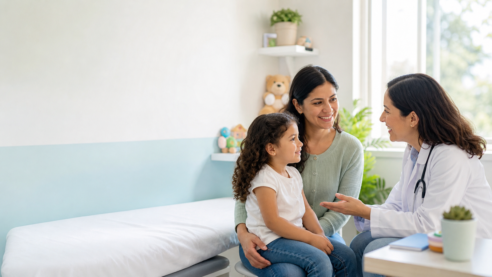 Pediatra conversando con una familia de Miami